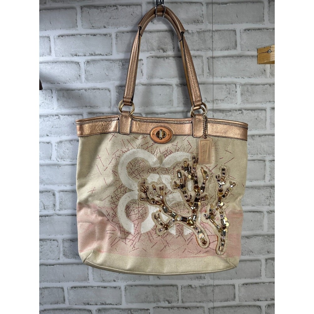 Coach Audrey Coral Canvas Leigh Slim Tote - Embellished - Metallic - Beach